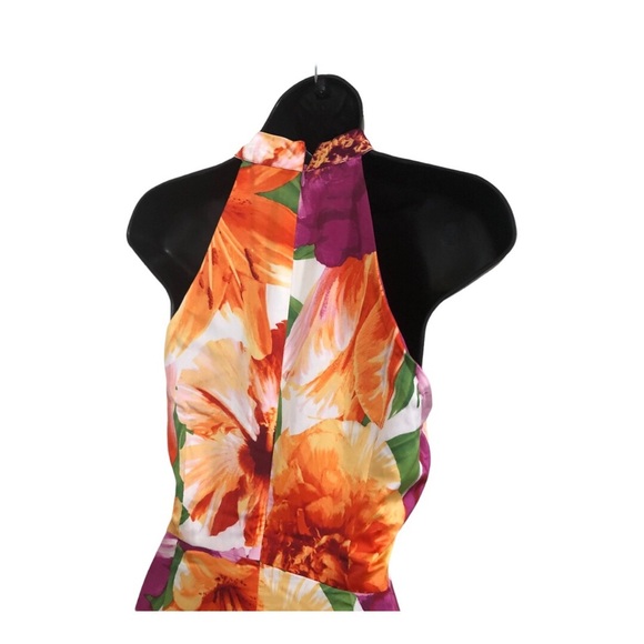 Maggy London pink tropical floral print asymmetrical flowy halter dress size 6 - Picture 7 of 16